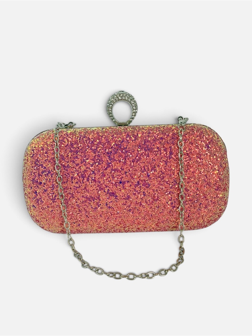Pink Glitter Ring-Clasp Evening Clutch with Chain